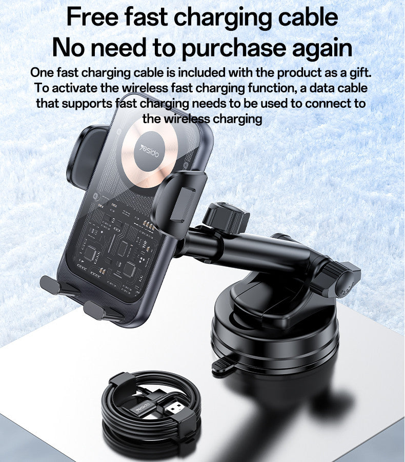 Yesido 360 Rotation Electric Locking 15W Wireless Fast Charging Transparent Car Phone Holder C307