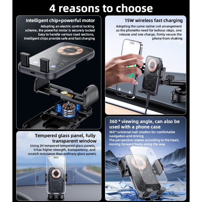 Yesido 360 Rotation Electric Locking 15W Wireless Fast Charging Transparent Car Phone Holder C307
