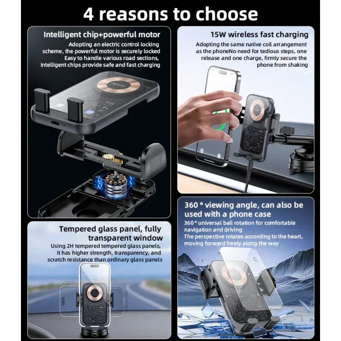 Yesido 360 Rotation Electric Locking 15W Wireless Fast Charging Transparent Car Phone Holder C307 - Three