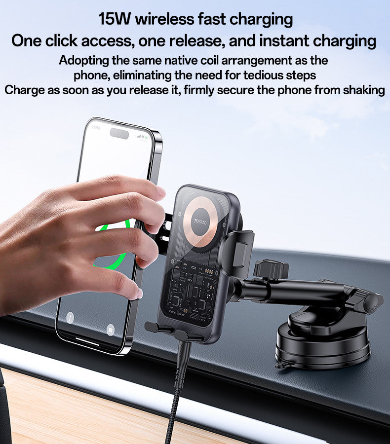 Yesido 360 Rotation Electric Locking 15W Wireless Fast Charging Transparent Car Phone Holder C307