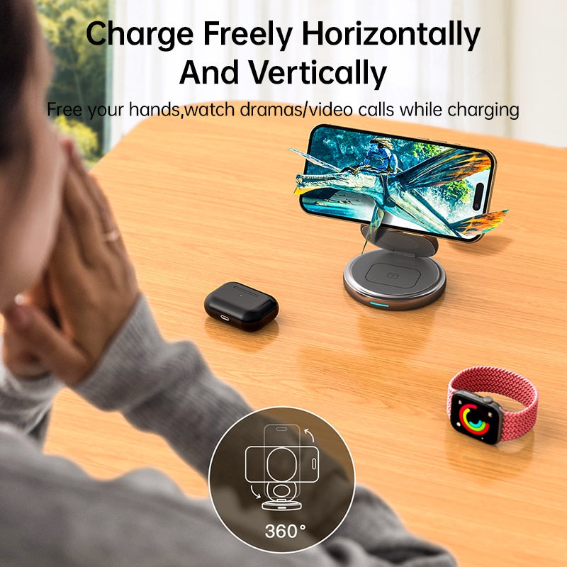 Rotating Metal 3 In 1 Folding Magnetic 15W Wireless Charger