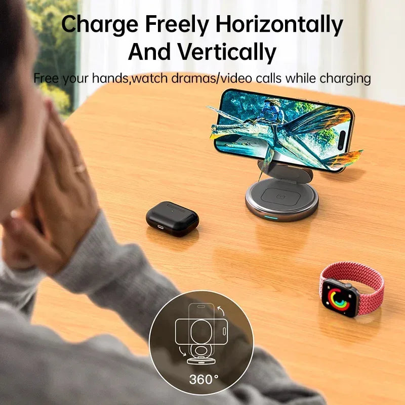 Rotating Metal 3 In 1 Folding Magnetic 15W Wireless Charger W27 - Three