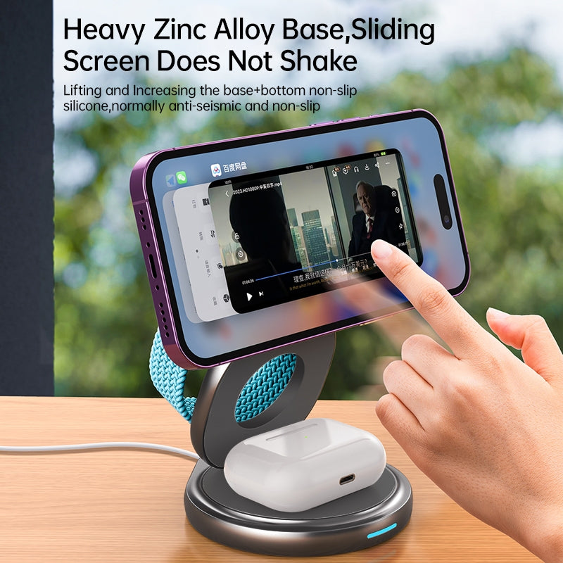 Rotating Metal 3 In 1 Folding Magnetic 15W Wireless Charger