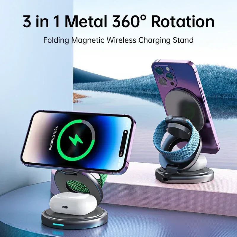 Rotating Metal 3 In 1 Folding Magnetic 15W Wireless Charger W27 - Three