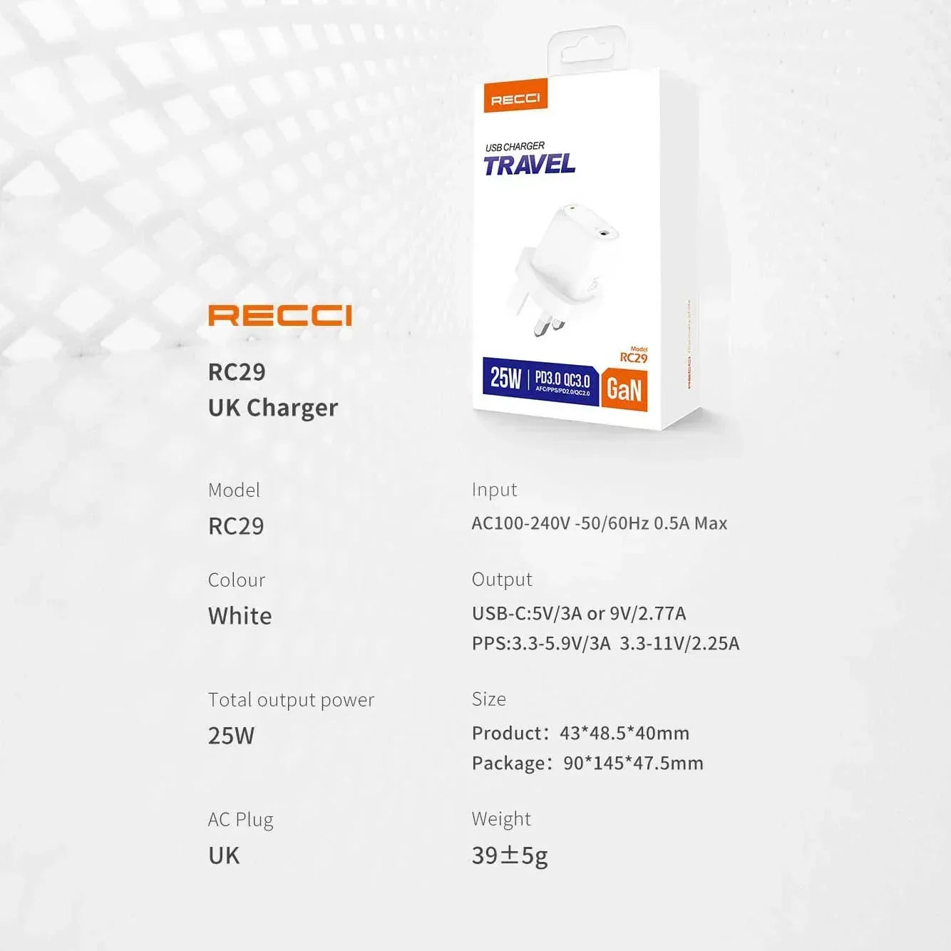 Recci GaN 25W wall charger 3 pin standard RC29 - Three