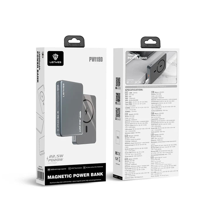 Lenyes 10000mAh 20W PD 15W MagSafe Aluminum Power Bank PW119D