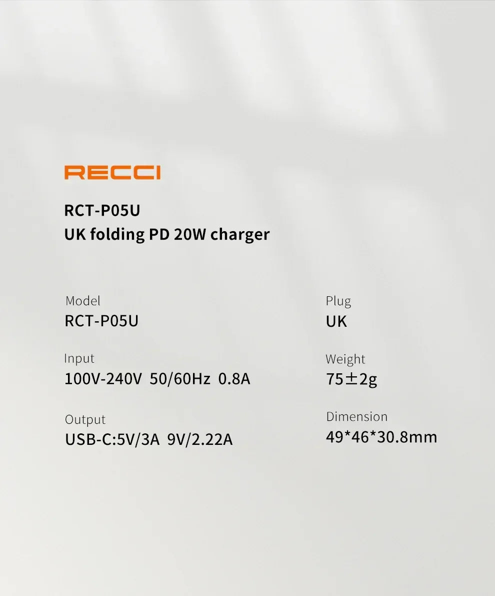 Recci PD 20W Wall Charger Folding Plug RCT-P05U - Three