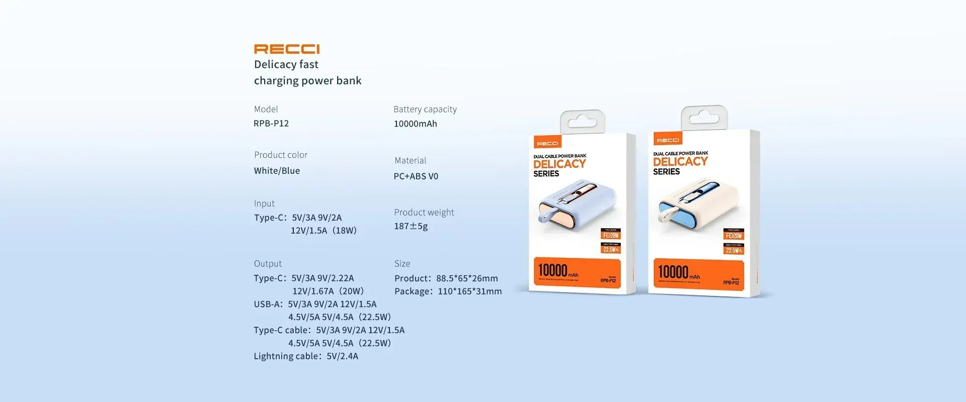 Recci Dual Cable Power Bank 10000mAh Fast Charging RPB-P12 - Three