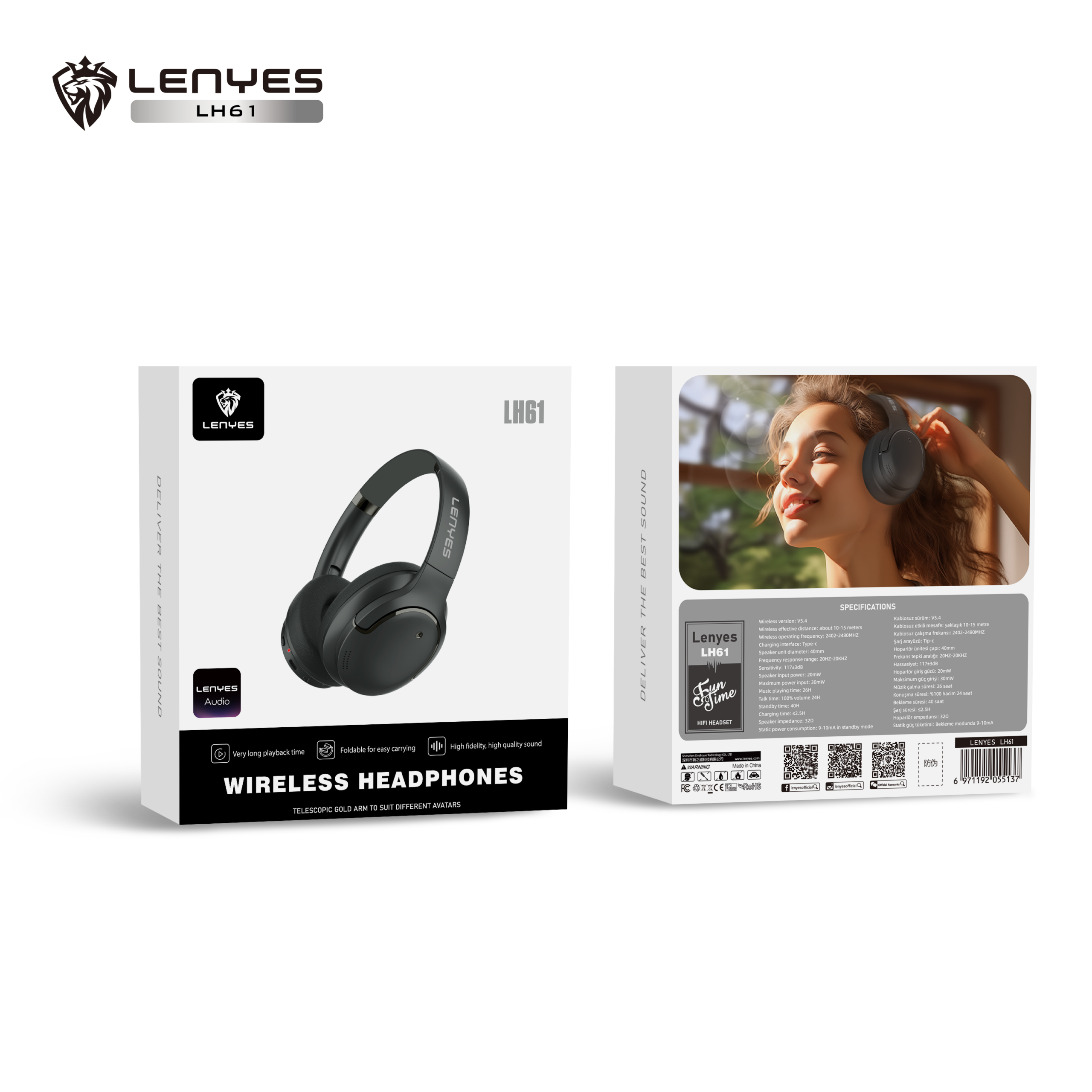 Lenyes Bluetooth 5.3 HiFi 30H Wireless Headphones LH61