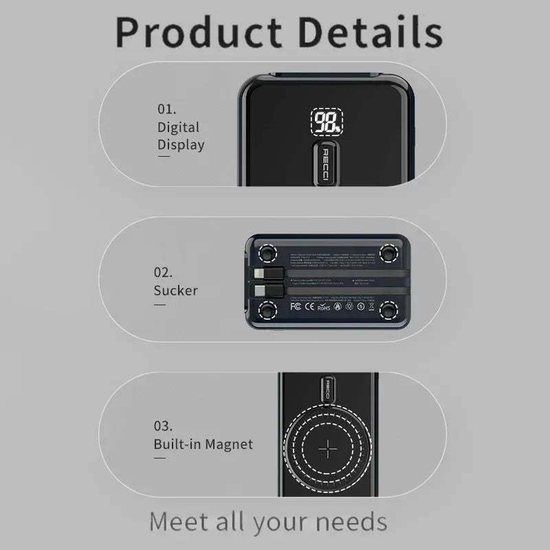 RECCI Wireless Charging Magnetic PowerBank RPB-P18 - Three