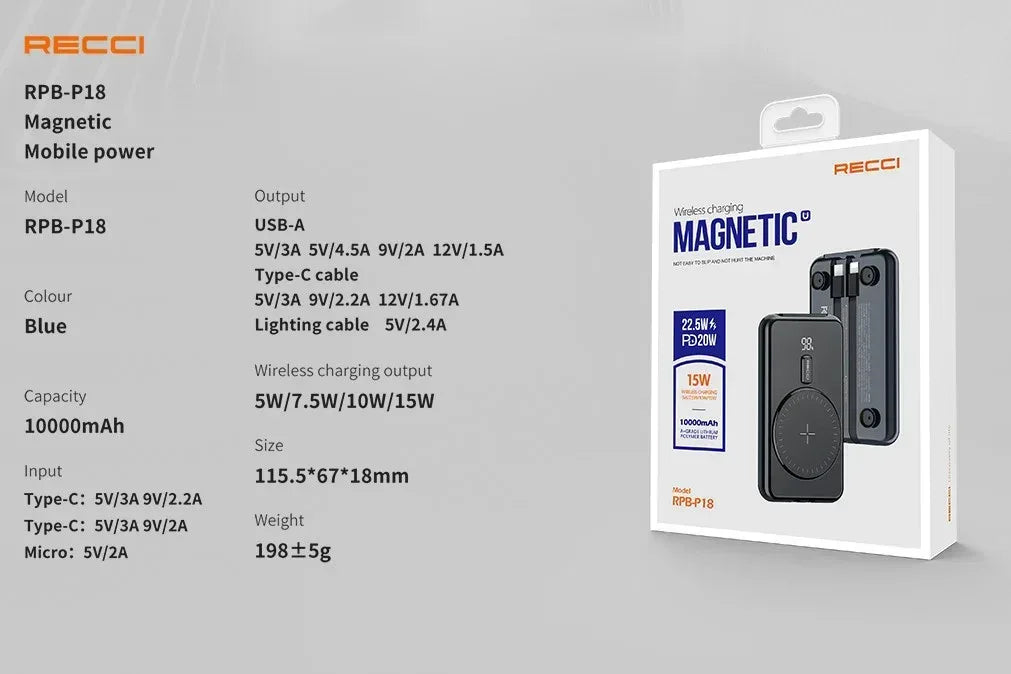 RECCI Wireless Charging Magnetic PowerBank RPB-P18 - Three