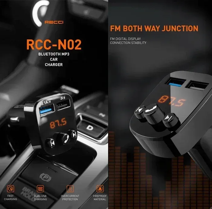 Recci Bluetooth MP3 Dual Ports USB Car Charger - Three