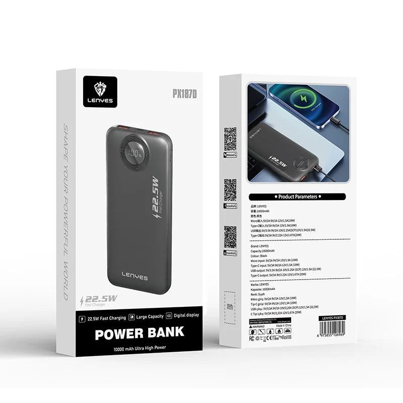 Lenyes 10000mAh 22.5W PD QC Slim Digital Display Power Bank PX187D