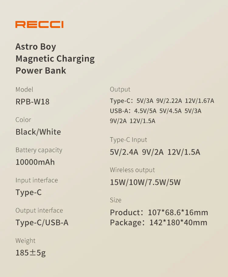 Recci ASTRO BOY 10000mAh Magnetic Power Bank RPB-W18