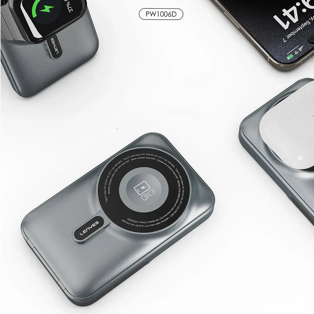 Lenyes 10000mAh 27W Dual Built-In Cable 15W Magnetic Wireless Power Bank PW1006D