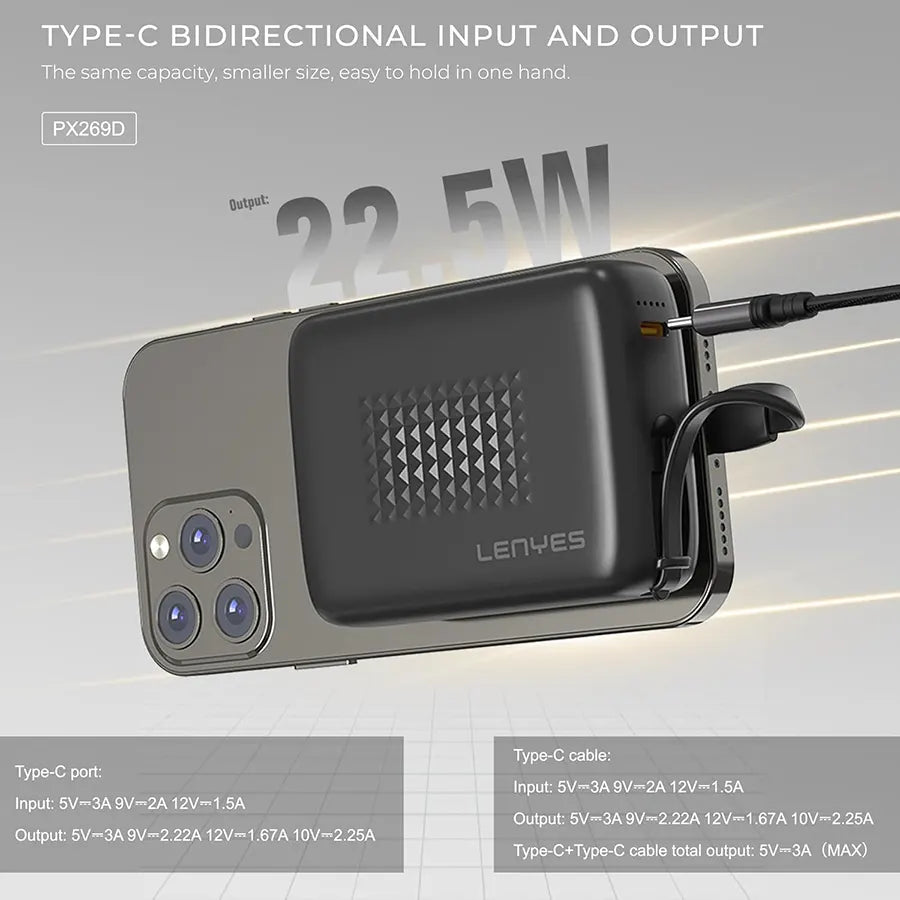 Lenyes 20000mAh 22.5W Built-In Type-C Cable Power Bank PX269D