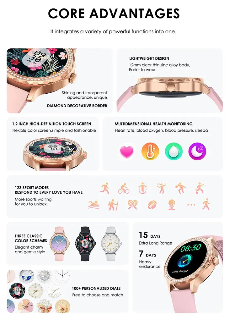 Lenyes 1.2-Inch Women Health Bluetooth Calling IP67 Smart Watch LW-244
