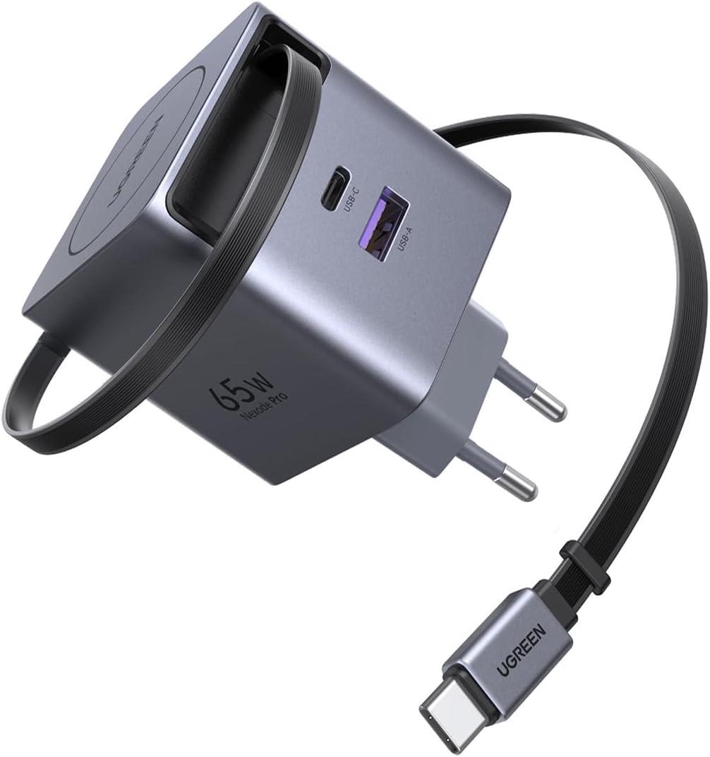 UGREEN 65W GaN Fast Charger with Retractable Cable (2x USB-C, 1x USB-A) - Grey