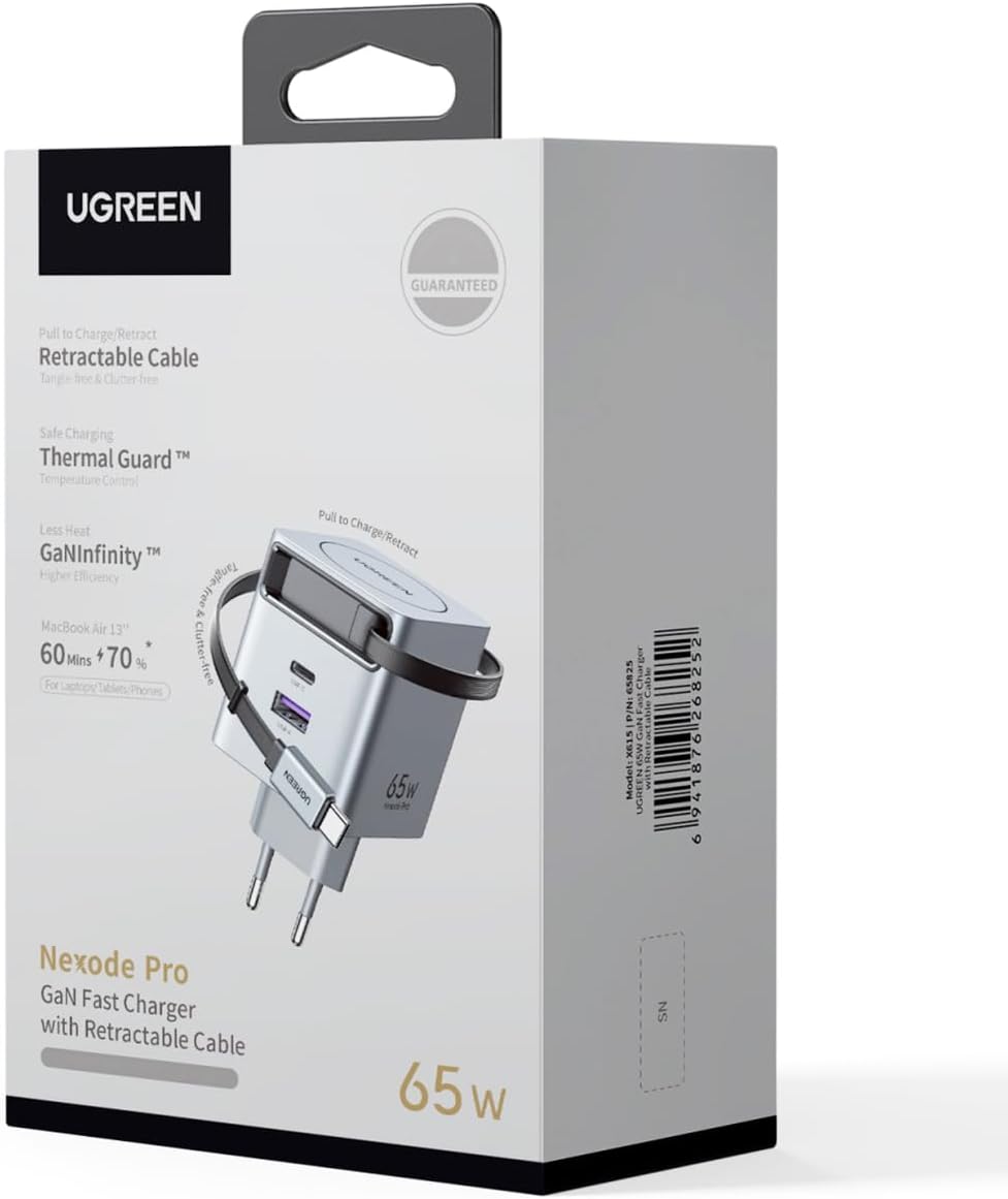 UGREEN 65W GaN Fast Charger with Retractable Cable (2x USB-C, 1x USB-A) - Grey