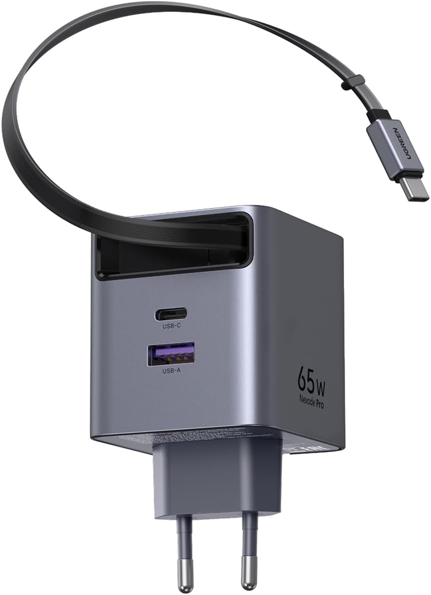 UGREEN 65W GaN Fast Charger with Retractable Cable (2x USB-C, 1x USB-A) - Grey