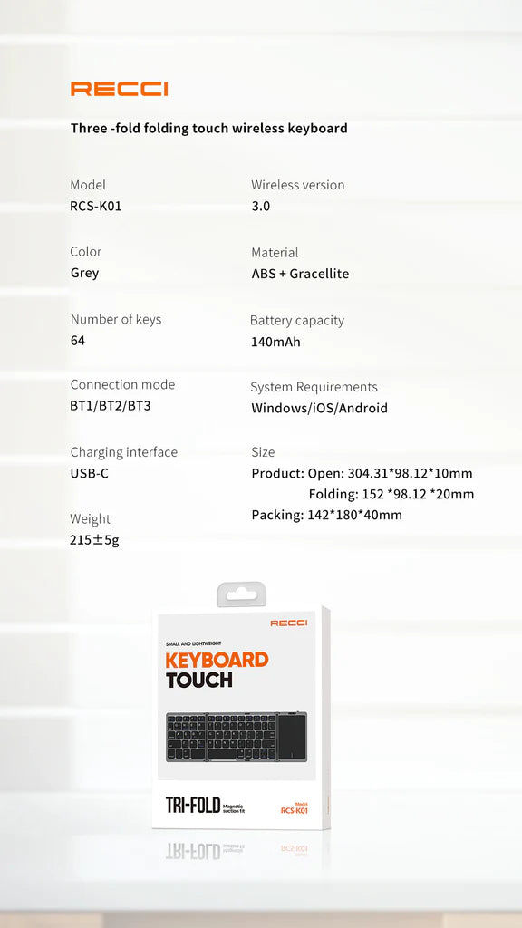 Recci Triple Folding Touch Bluetooth Keyboard RCS-K01