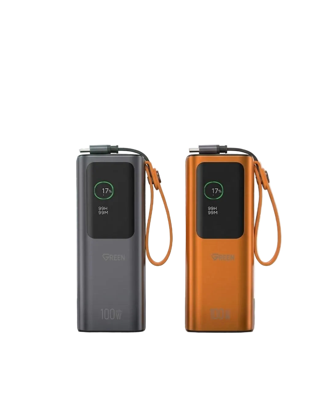 Two portable power banks, one dark gray and one metallic copper-orange, displayed side-by-side with Arabic promotional text on a light gray background.