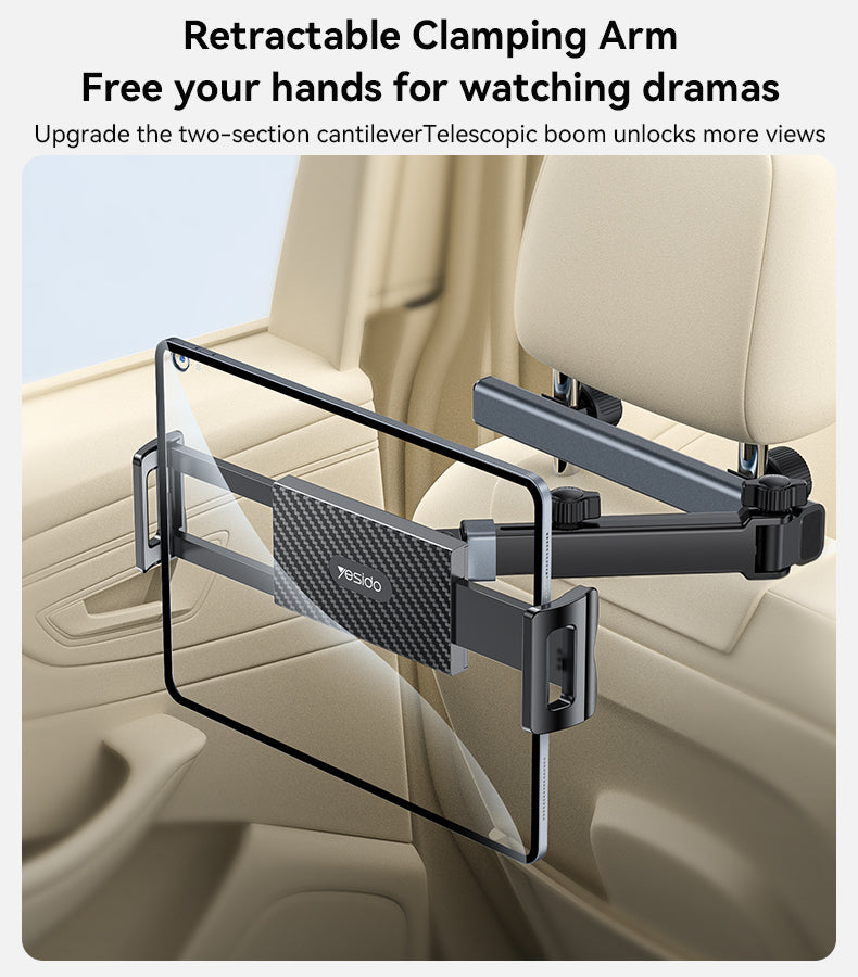 YESIDO Extra Wide Clamping Arm Long Hip Headrest Car Phone Holder C294