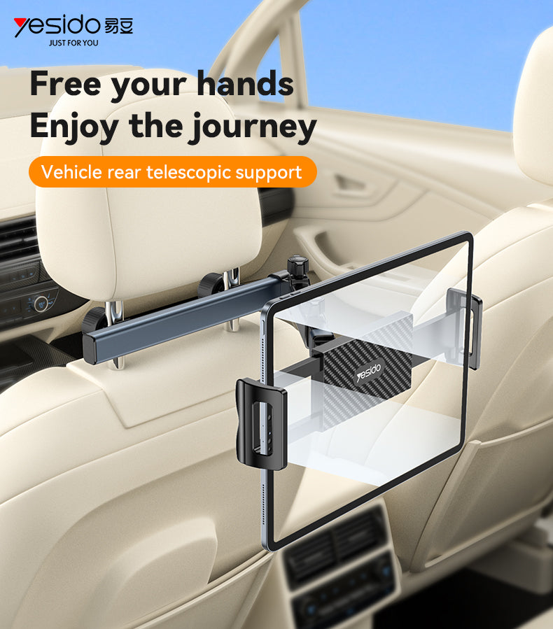YESIDO Extra Wide Clamping Arm Long Hip Headrest Car Phone Holder C294