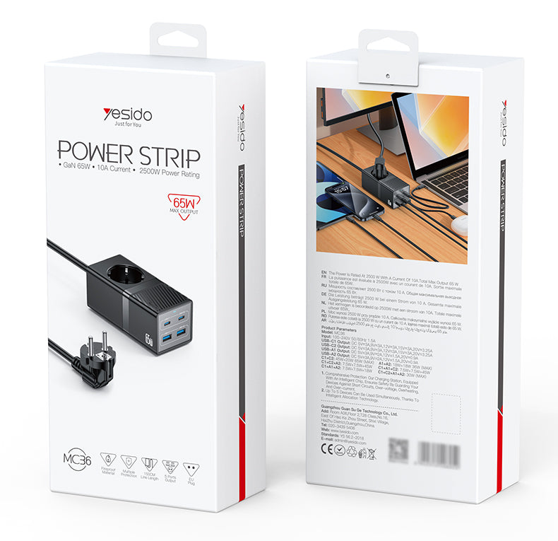 YESIDO 5 in European Fireproof PC 65W+2500W GaN Fast Charging Power Socket MC36