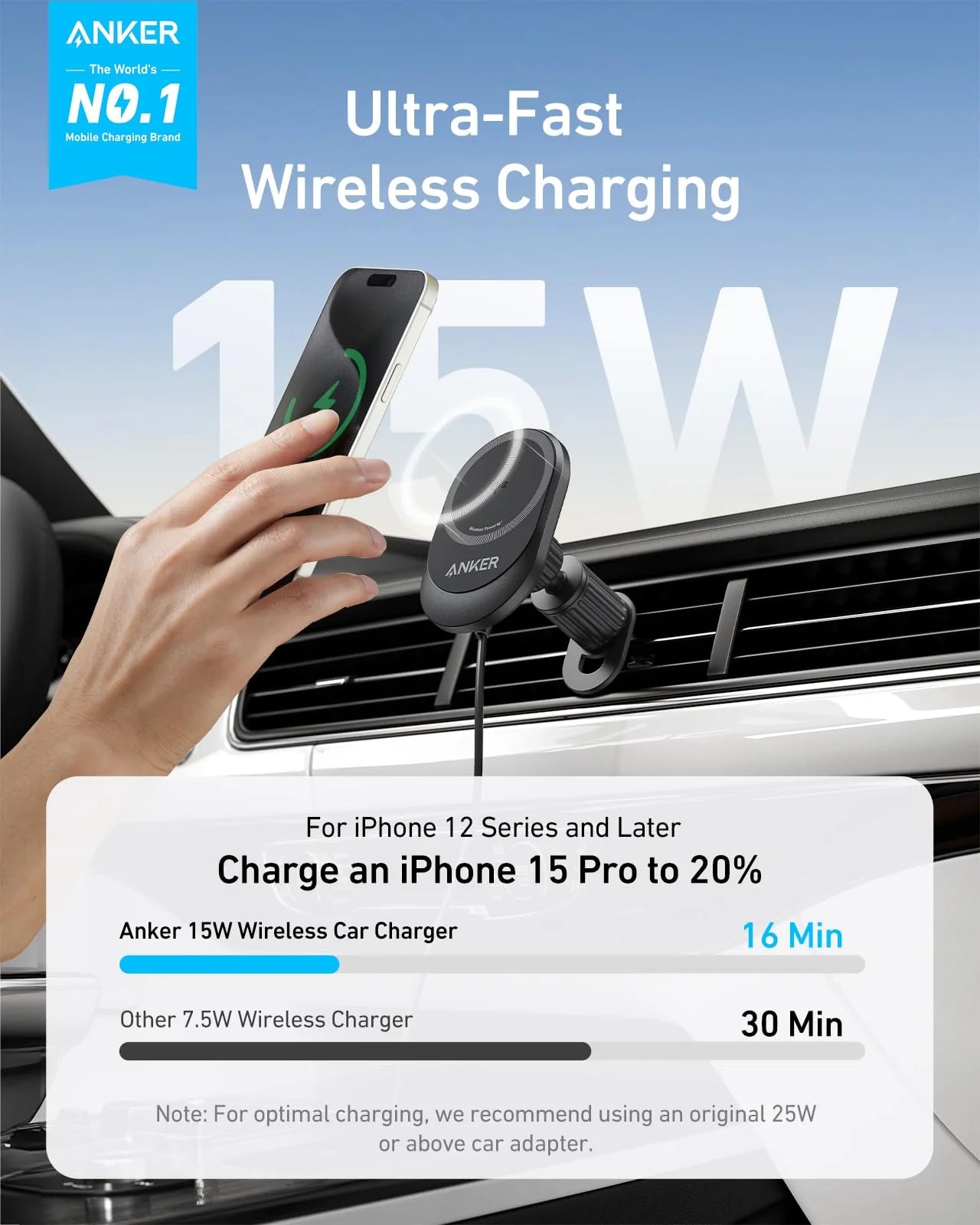 Anker MagGo Wireless Car Charger Pad, Built-In USB-C Cable B2932