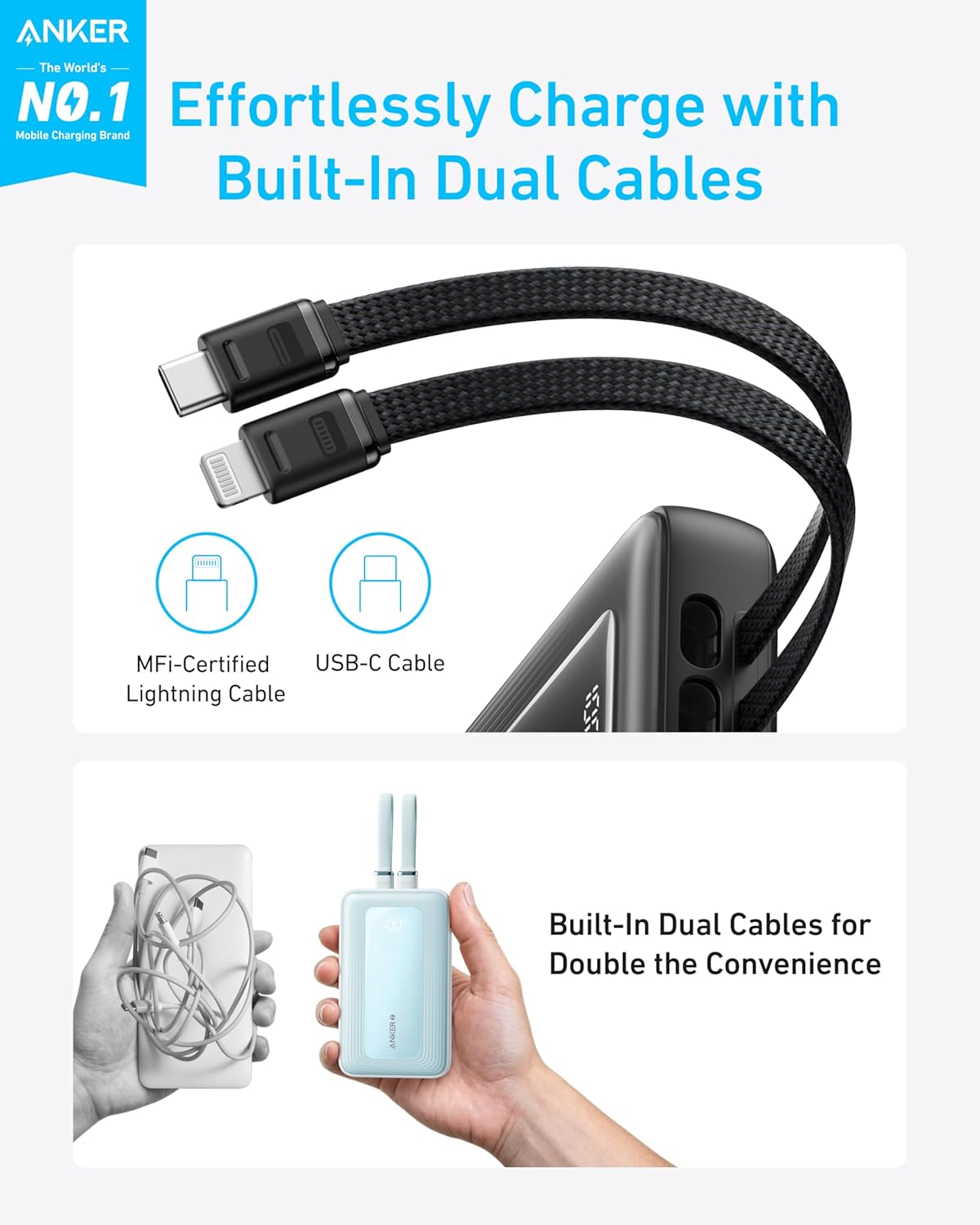 Anker Zolo Power Bank 10,000 mAh 30W Fast Charging with Built-in USB-C and Lightning Cables A1680