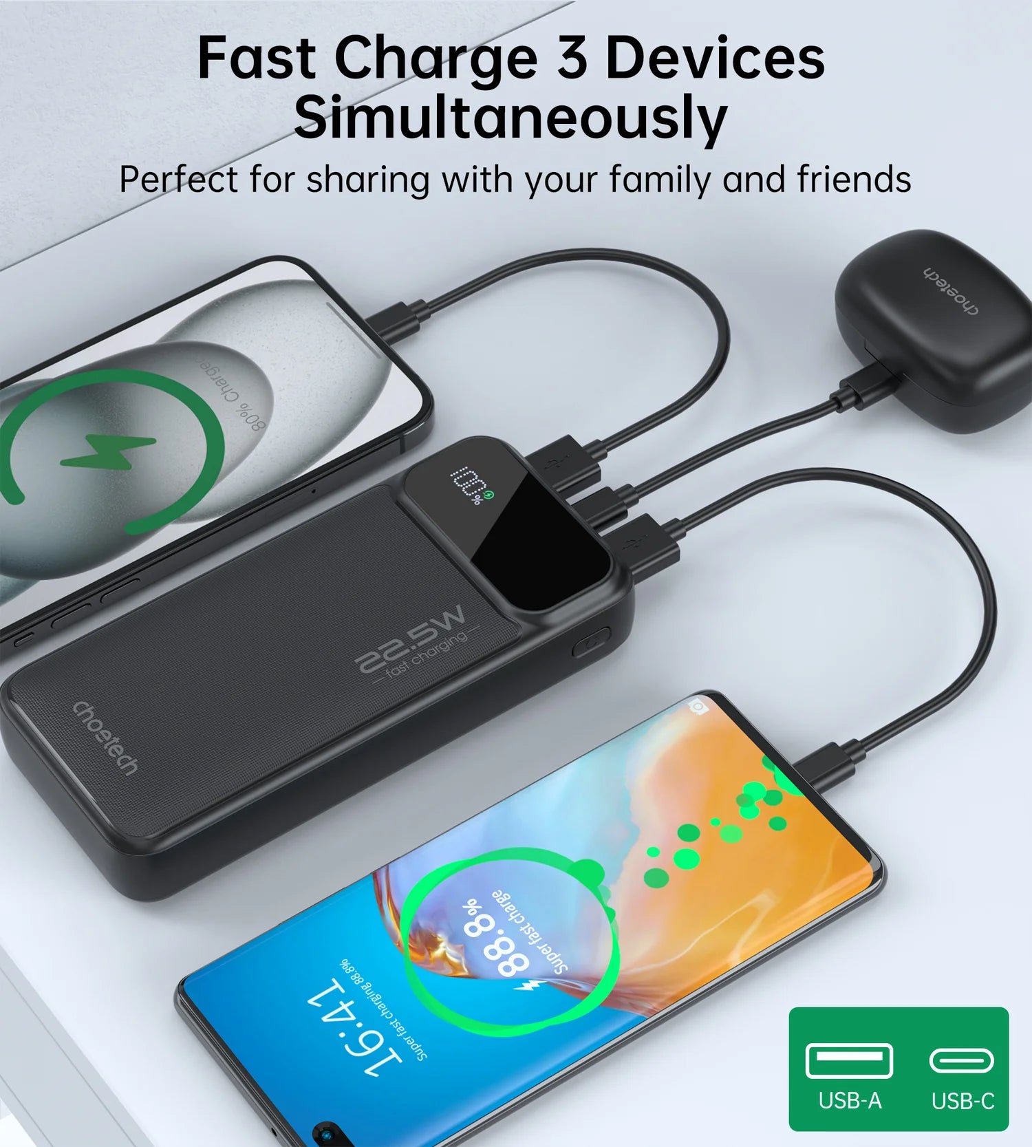 Choetech PD22.5W Dual USB-A + Type-C Power bank 20000mAh B729