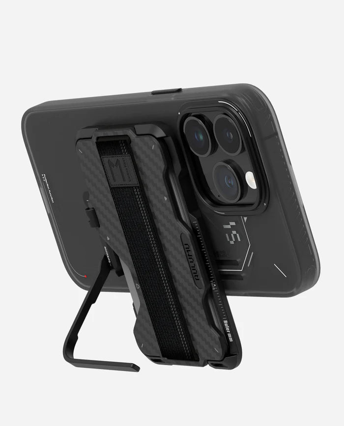 Black phone case with stand feature on a white background