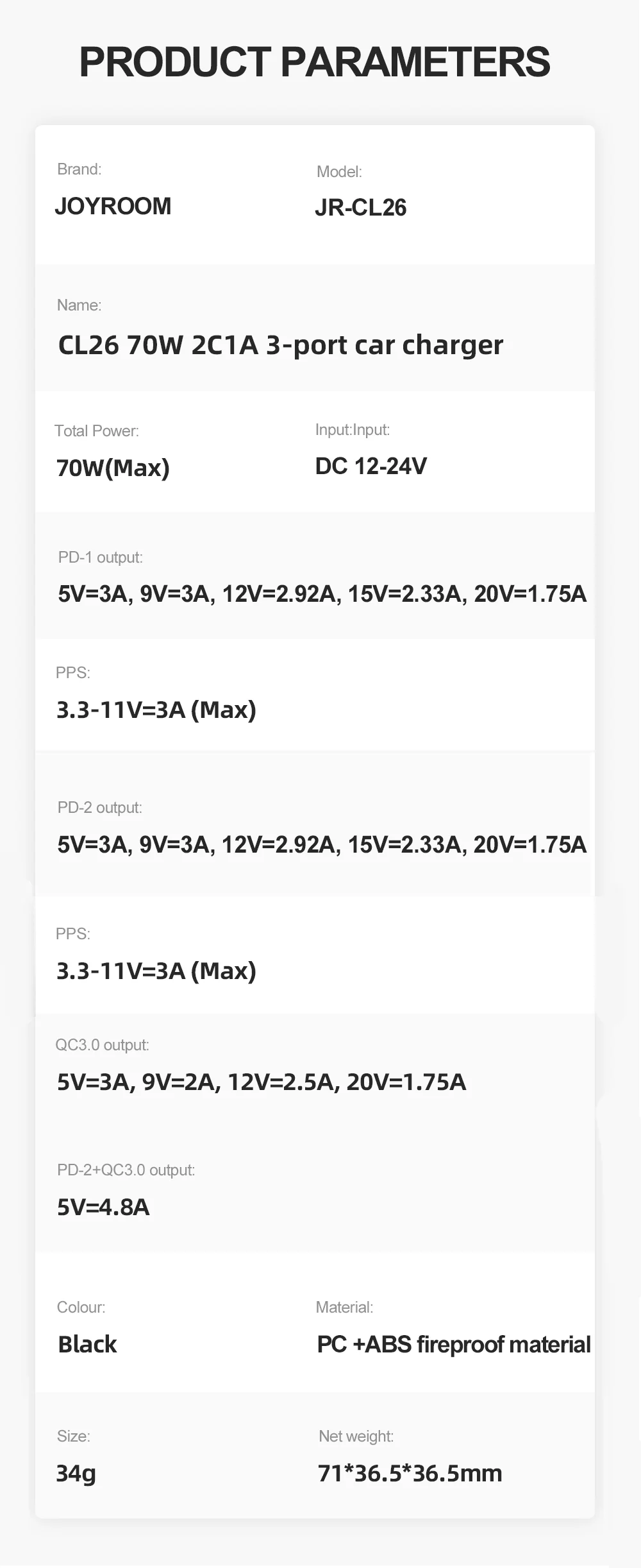 Joyroom 70W 3-Port (2PD+1USB) Car Charger JR-CL26