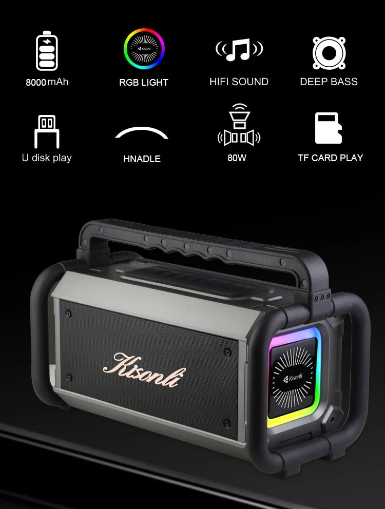 Kisonli Powerful 80W Portable Wireless 8000 mAh Outdoor Party Bass Hi-Fi Speaker with RGB Light K9