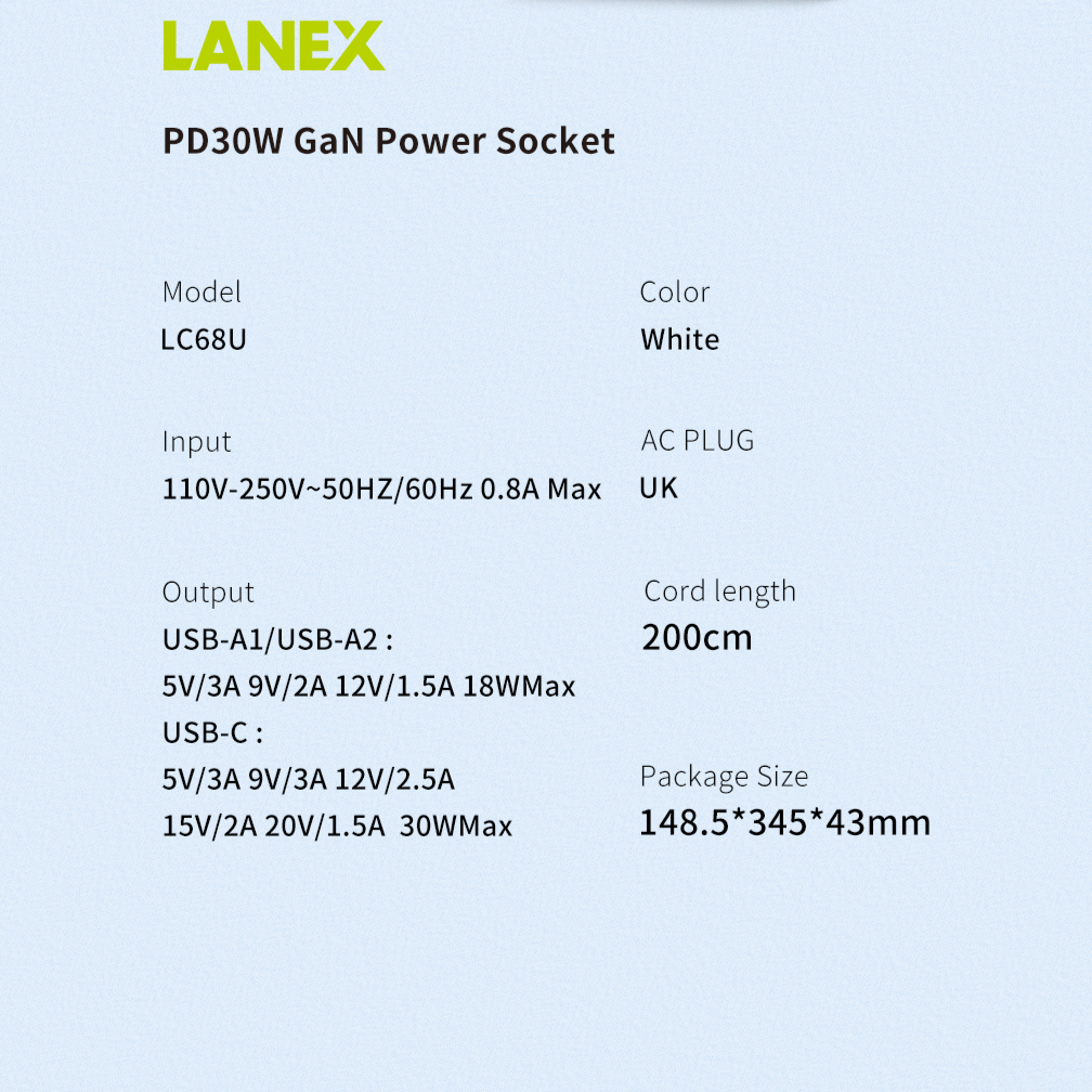 LANEX GAN Multifunction Power Socket LC68U