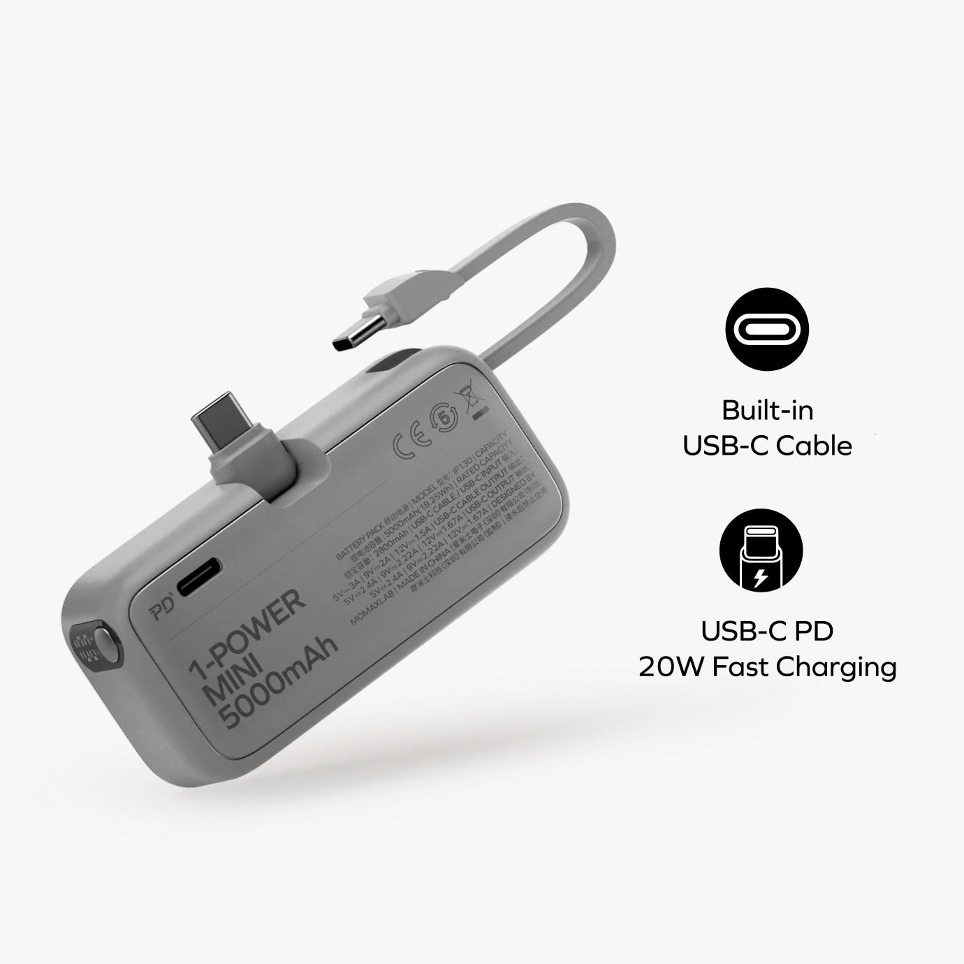 Momax 1-Power Mini 5000mAh built-in Foldable USB-C Power Bank IP130