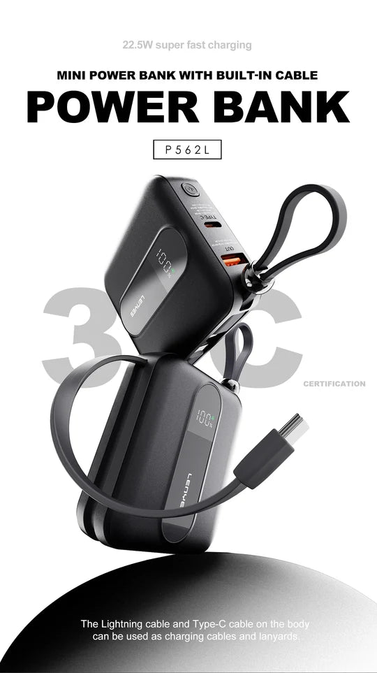 Lenyes 10000mAh 22.5W Dual Built-In Cable Digital Display Power Bank P562L