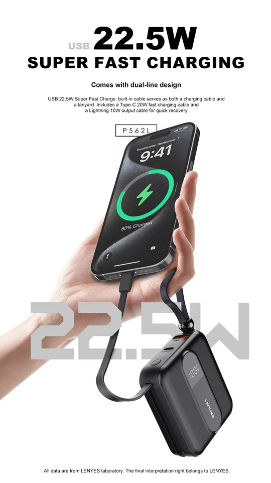 Lenyes 10000mAh 22.5W Dual Built-In Cable Digital Display Power Bank P562L