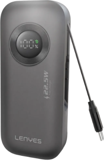 Lenyes 22.5W portable power bank in dark gray, featuring a digital LED battery percentage display on the front and a USB-C cable extending from the side, set against a plain white background.