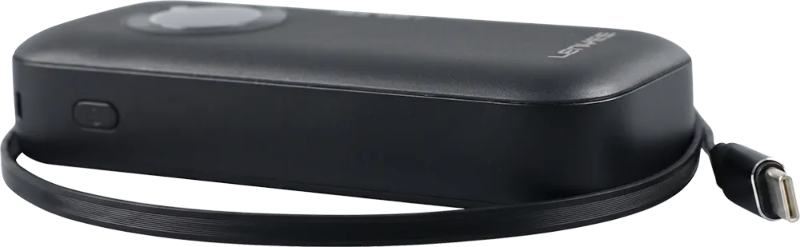A black portable power bank with a built-in USB-C cable, shown on a plain white background.