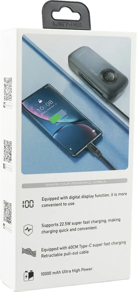Lenyes 10000mAh 22.5W Retractable Cable Digital Display Power Bank PX153D