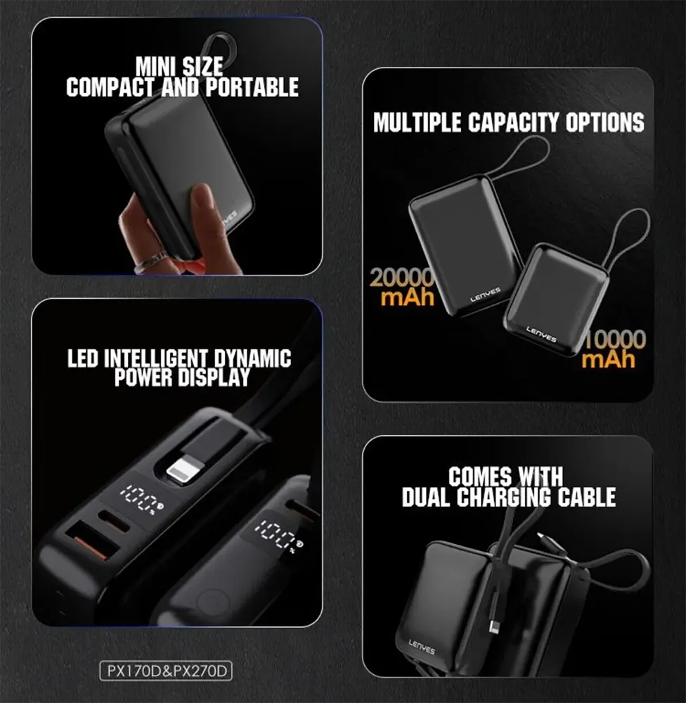 Lenyes 10000mAh 22.5W Built-In Lightning Cable Digital Display Power Bank PX170D