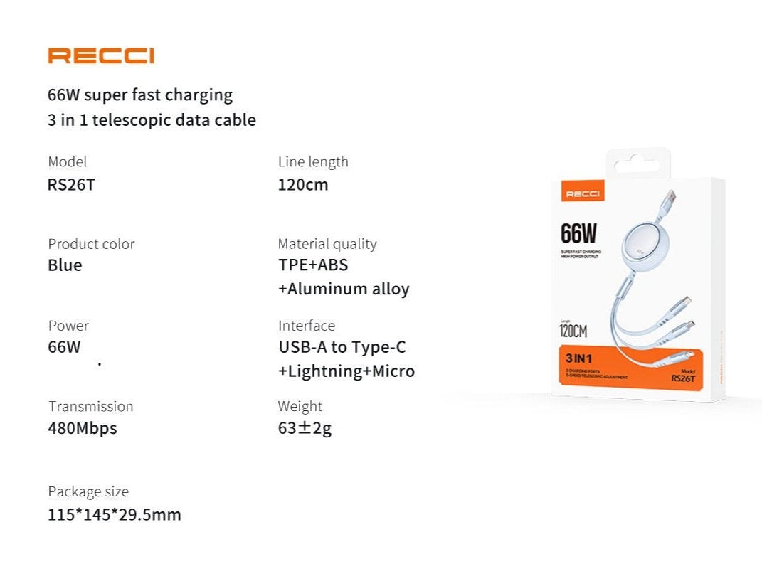 Recci Super Fast Charging 3 in 1 Telescopic Data Cable RS26T