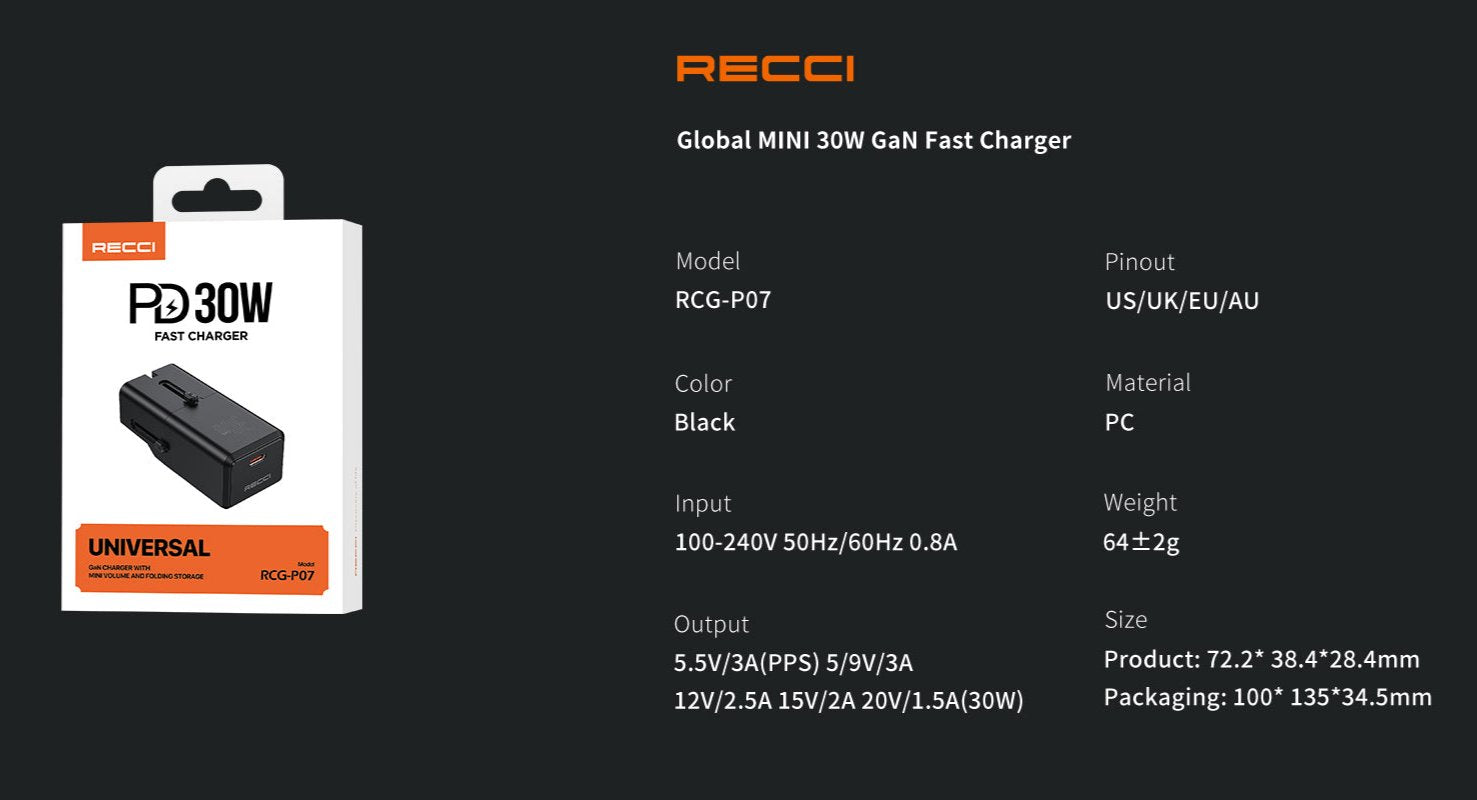 Recci Universal GaN 30W Charger With Mini Volume And Folding Storage RCG-P07