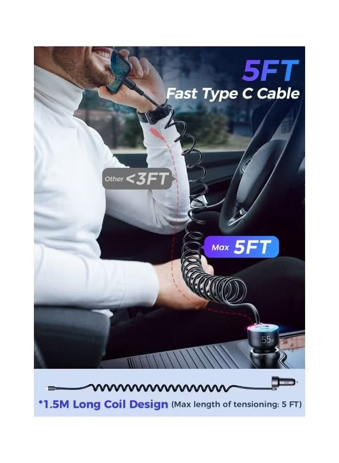 JOYROOM USB C Car Charger 60W Super Fast PD QC3.0 With 5ft 30W Type C Coiled Cable