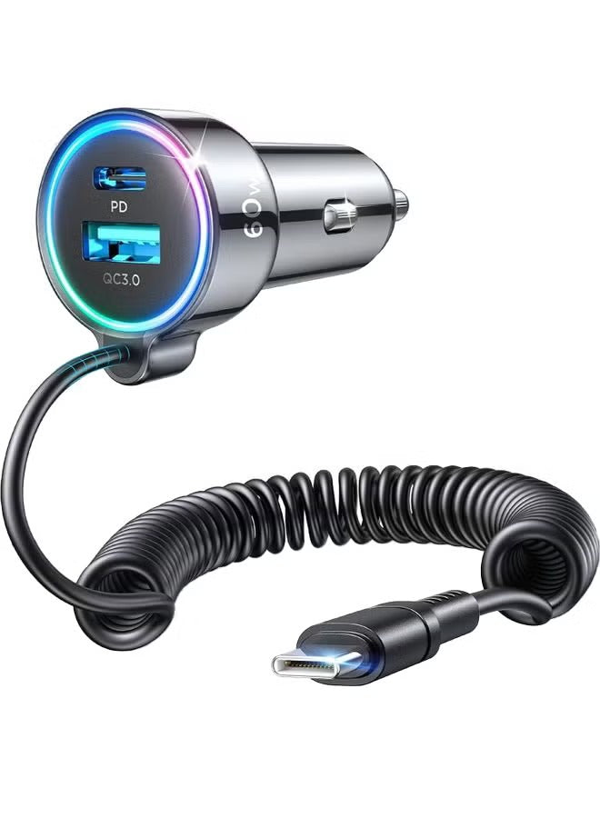 JOYROOM USB C Car Charger 60W Super Fast PD QC3.0 With 5ft 30W Type C Coiled Cable