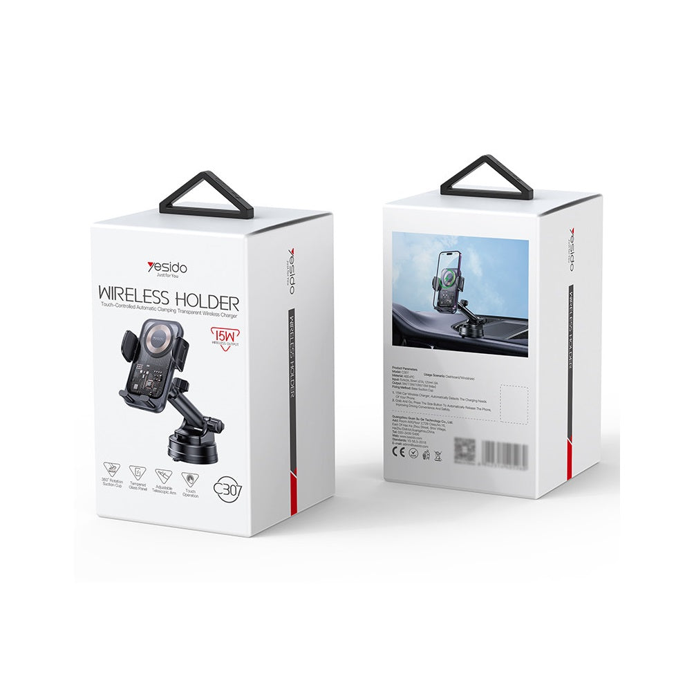 Yesido 360 Rotation Electric Locking 15W Wireless Fast Charging Transparent Car Phone Holder C307