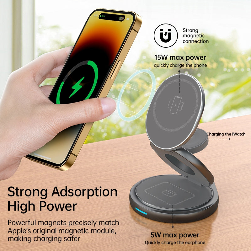 Rotating Metal 3 In 1 Folding Magnetic 15W Wireless Charger