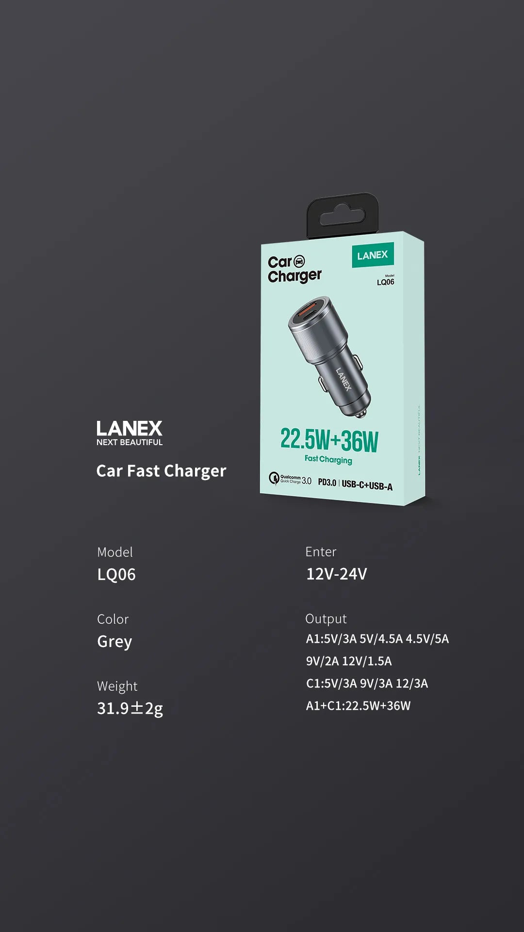 Lanex Car Charger 22.5+36W Fast Charger LQ06